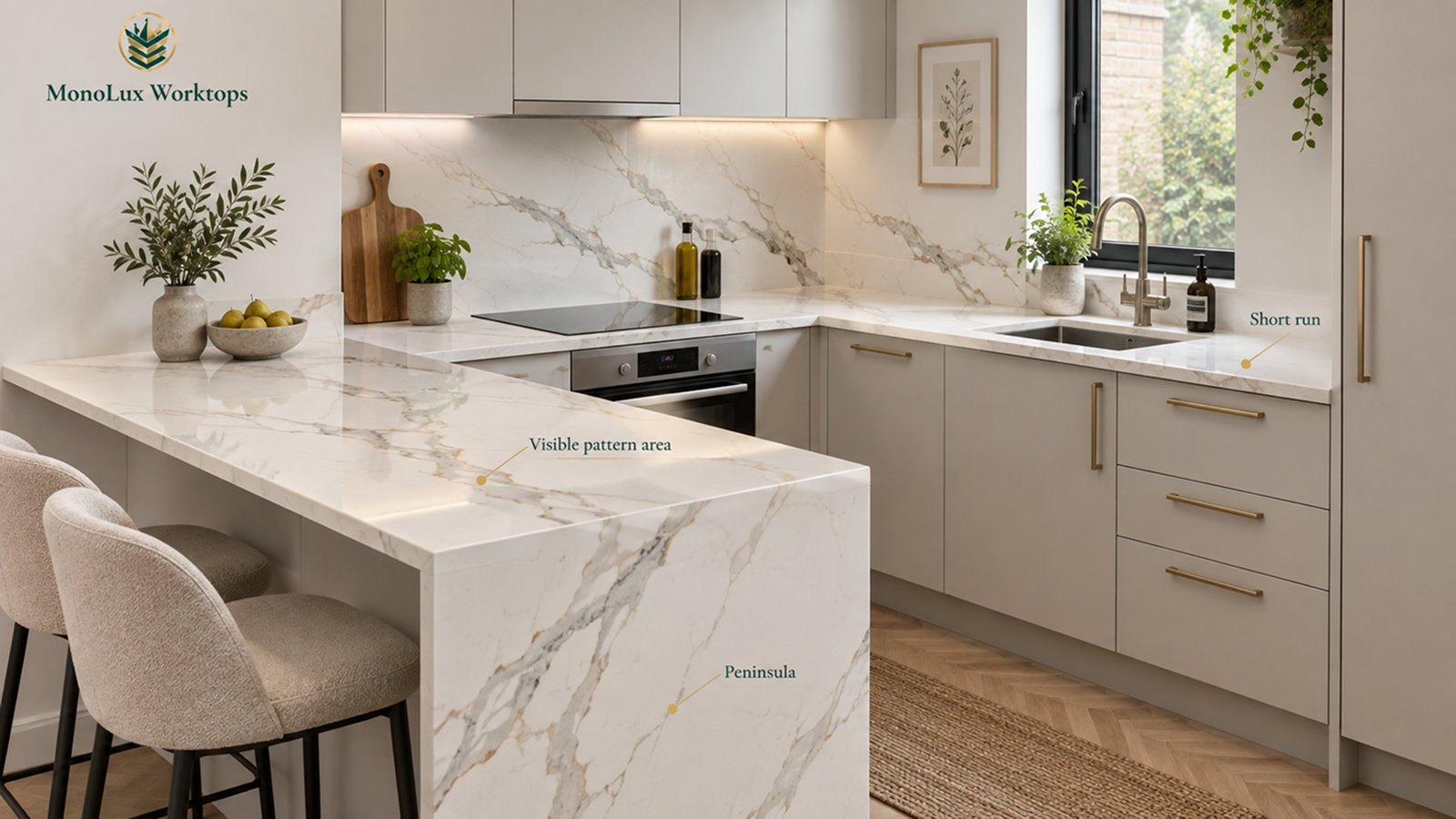 Graphic of a peninsula and short run showing small kitchen worktop ideas for a Calacatta quartz