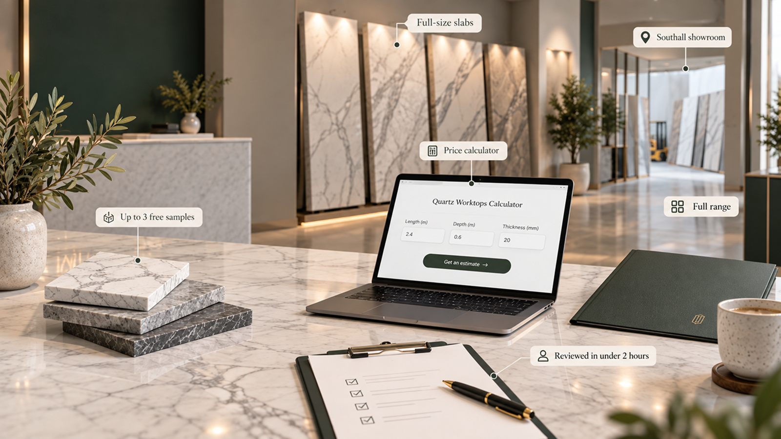 Carrara quartz kitchen ideas with Carrara quartz worktops samples, full-size slabs, a price calculator and showroom.