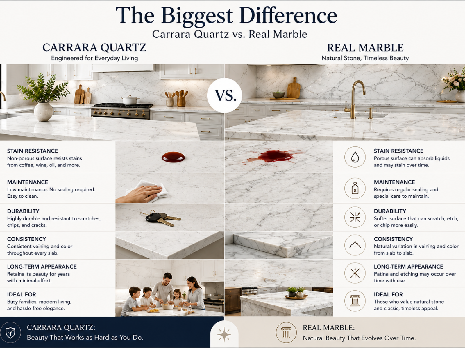 Difference Between Carrara Quartz and Real Marble