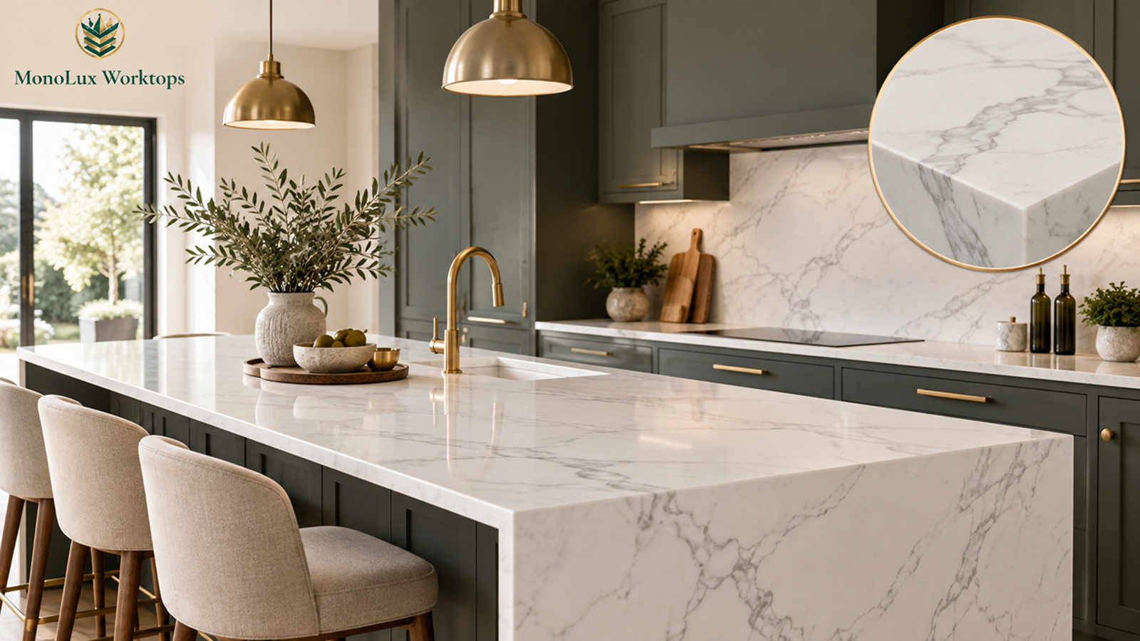The modern kitchen showing is Carrara quartz still in style through pale Carrara quartz worktops, fine veining and a zoomed stone-edge detail.