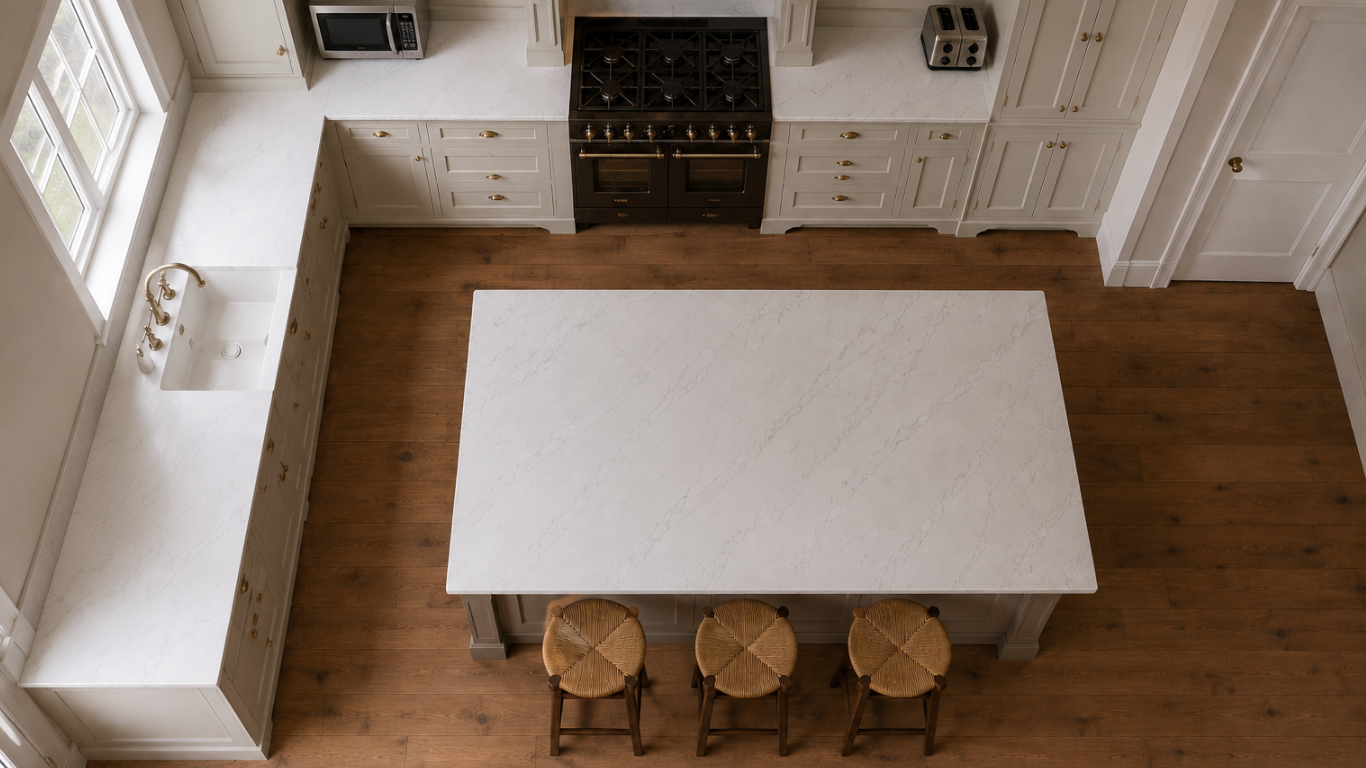 traditional Kitchen with Carrara quartz worktops