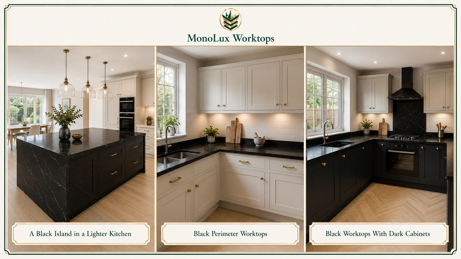 Black worktop kitchen ideas with an island, perimeter runs and dark cabinets.