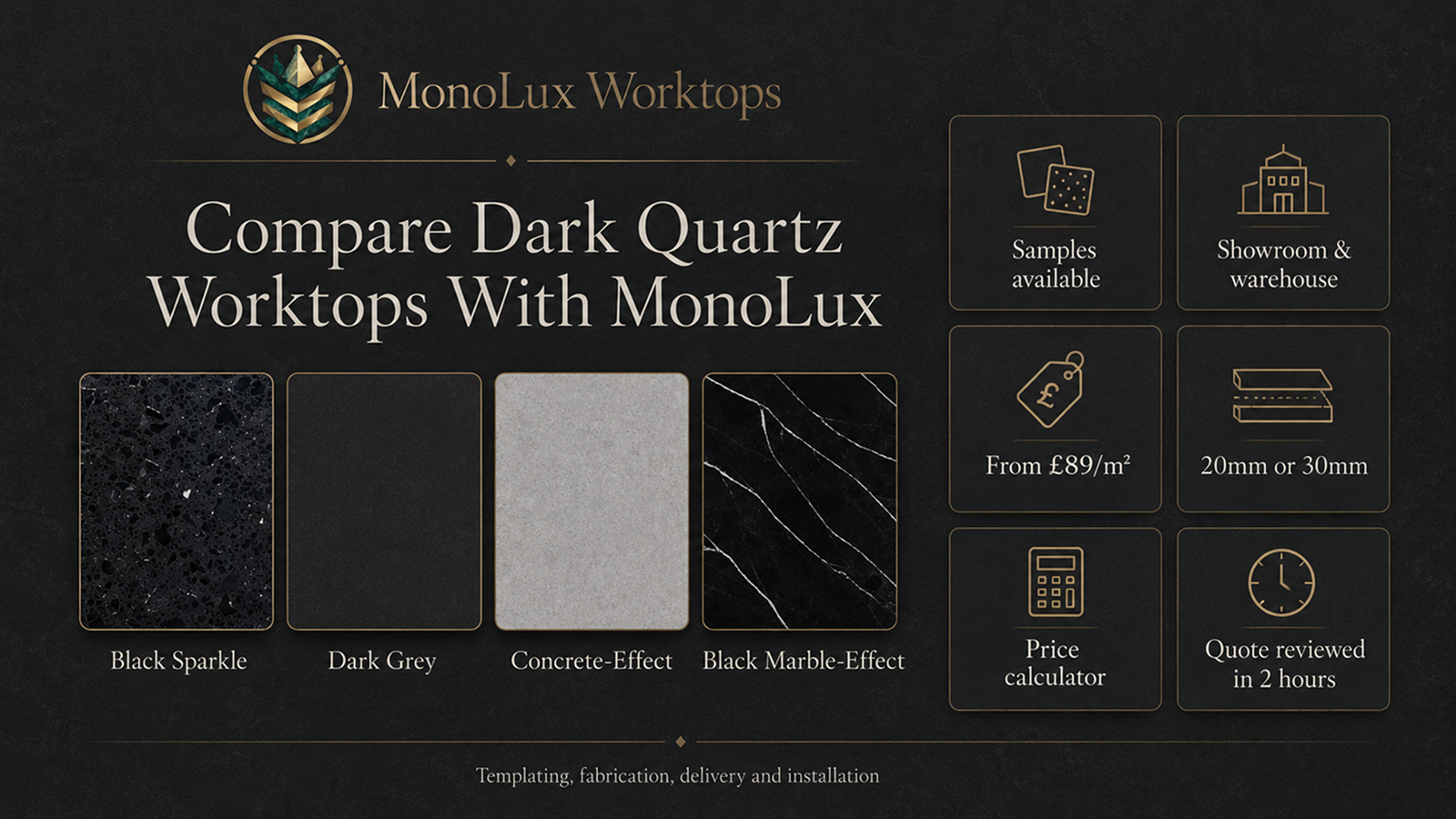 Does black quartz show scratches? MonoLux dark quartz worktops, samples, showroom and quotes.