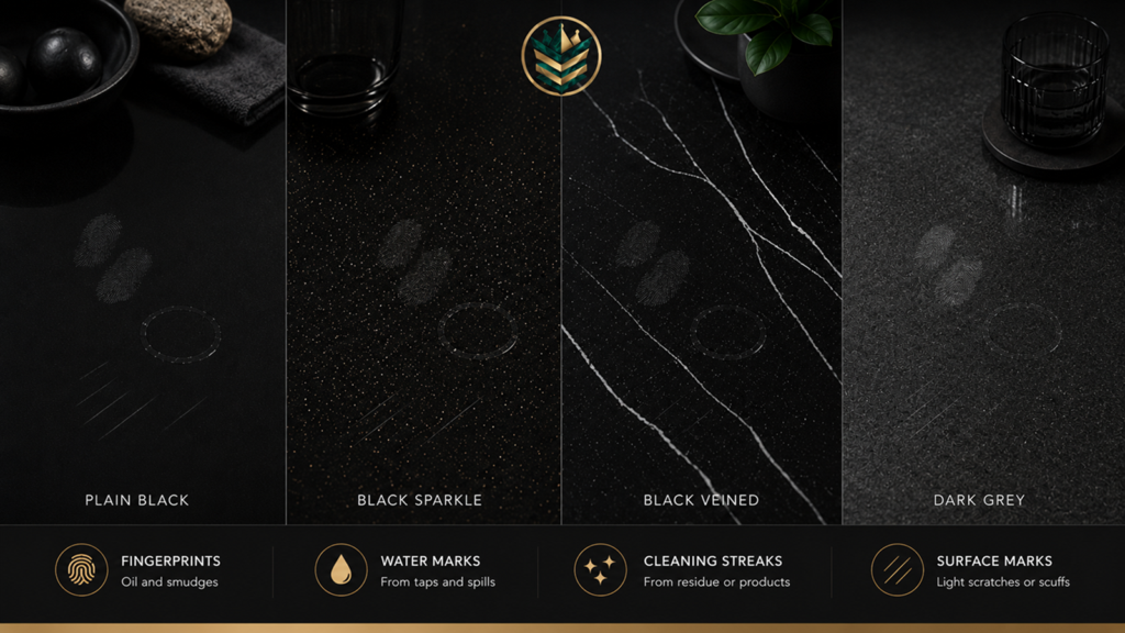 Does black quartz show scratches? Black quartz fingerprints, water marks, streaks and scuffs.
