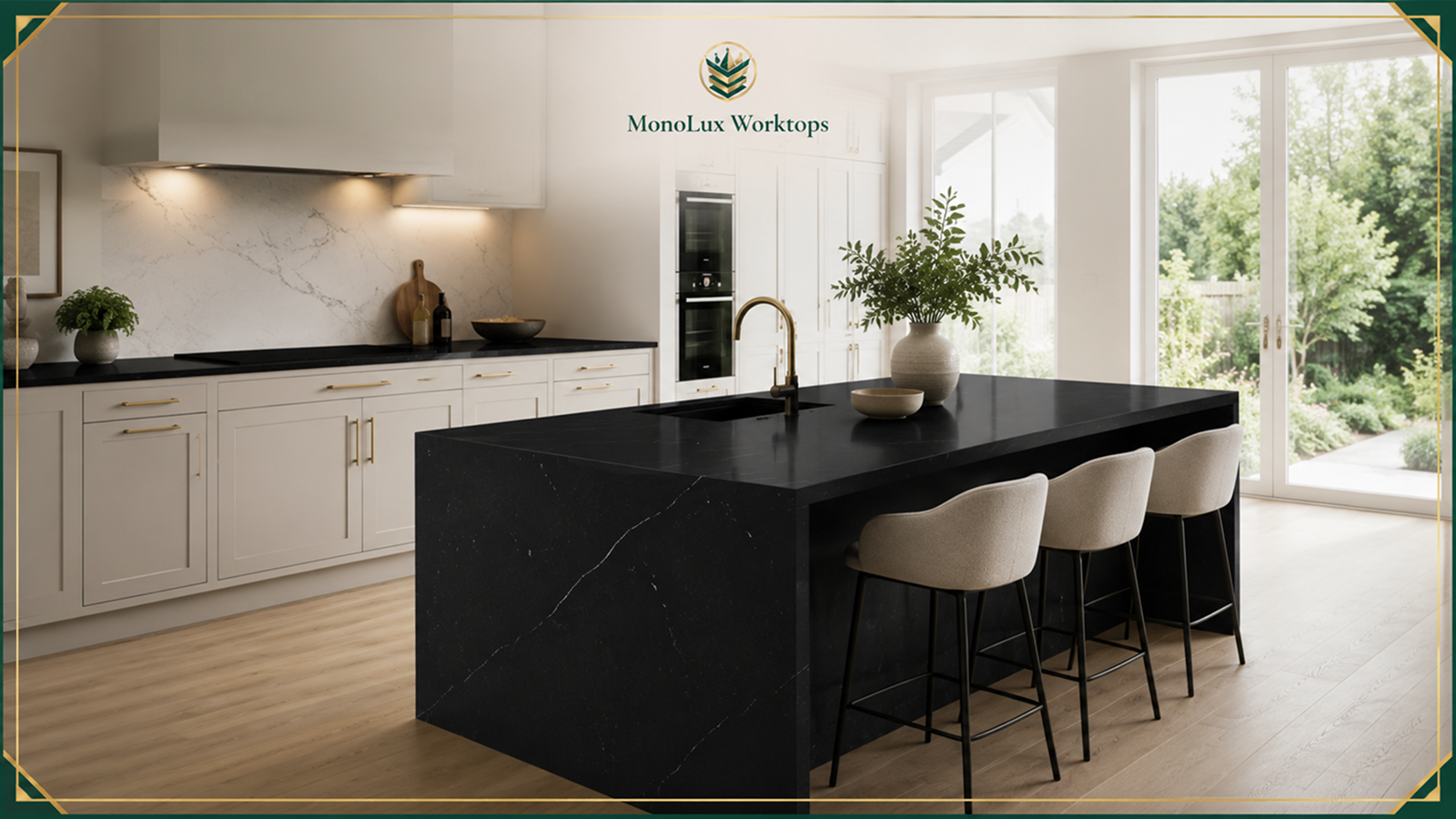 How to style a kitchen with black worktops in a bright, pale-cabinet scheme.