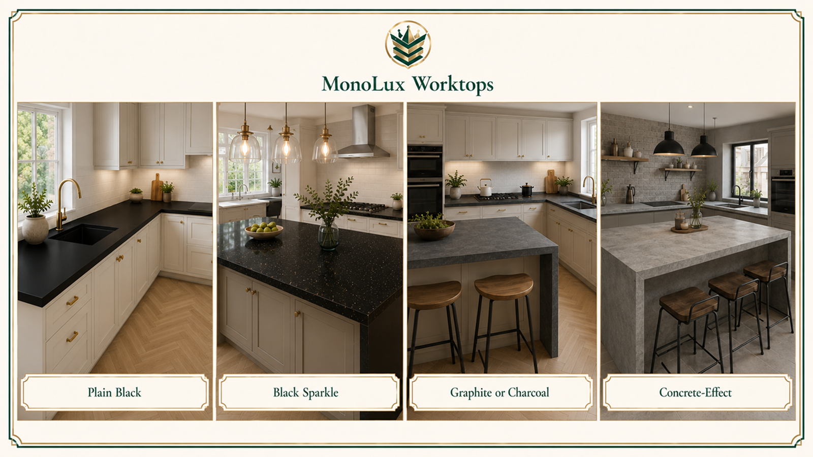 Black quartz kitchen with plain, sparkle, graphite and concrete-effect finishes.
