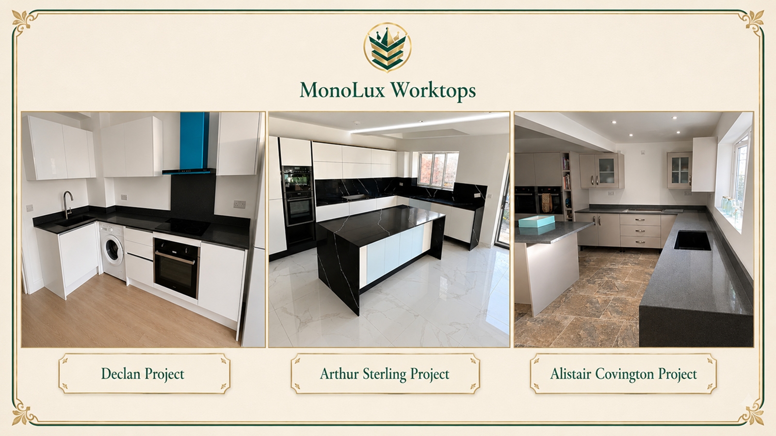 Cabinets with black worktops across three completed MonoLux kitchen projects.