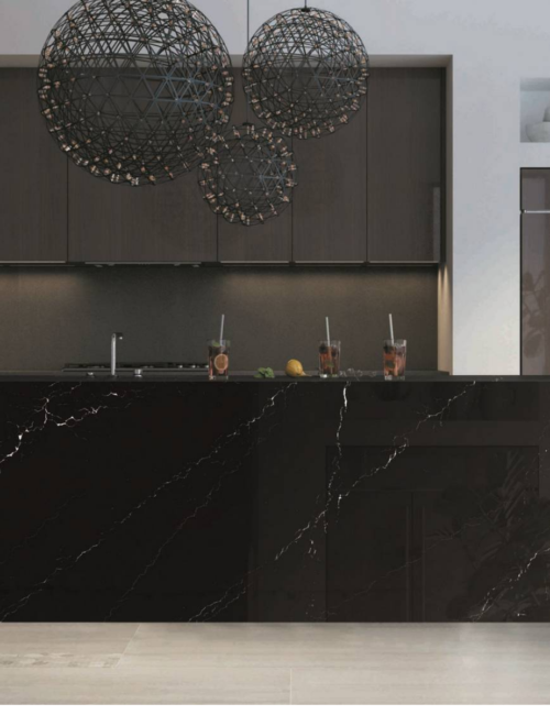 marquina shimmer worktop with dark cabinet
