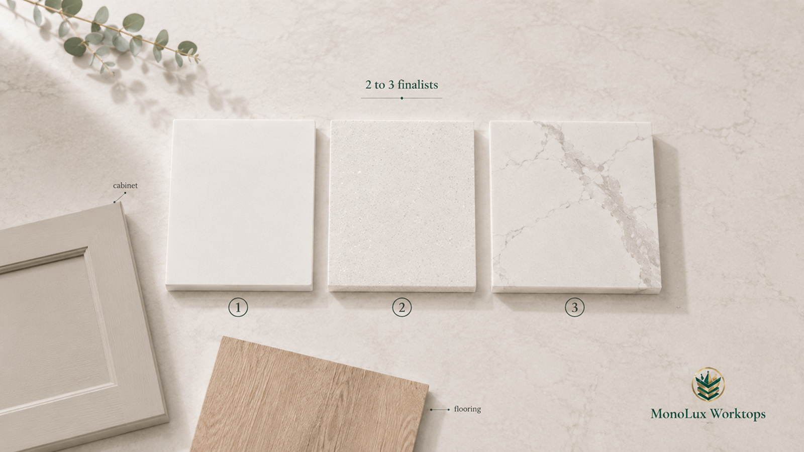 Quartz worktop samples beside cabinet and flooring swatches to choose quartz worktop colour from two or three finalists