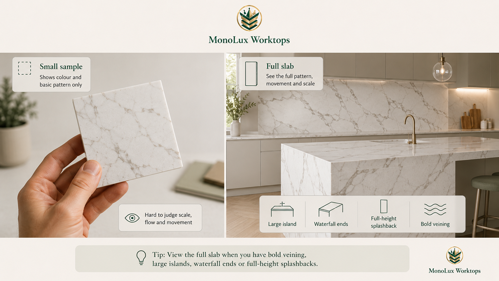 Quartz worktop samples checked in daylight, shade and evening light to compare quartz colours, undertones and reflections