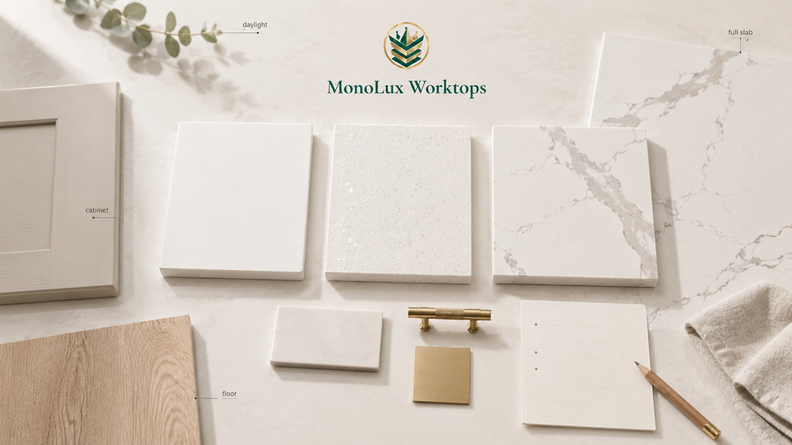 Quartz worktop samples arranged with cabinet, flooring and full-slab references to compare quartz finishes and colour at home