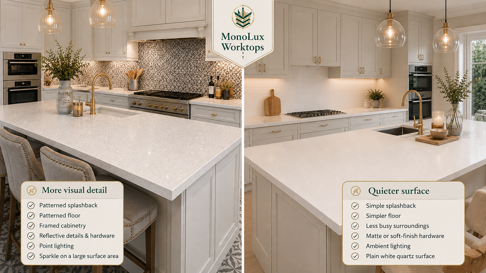 White sparkle quartz worktops compared in busy and quieter kitchens, showing how sparkle kitchen worktops affect visual detail.