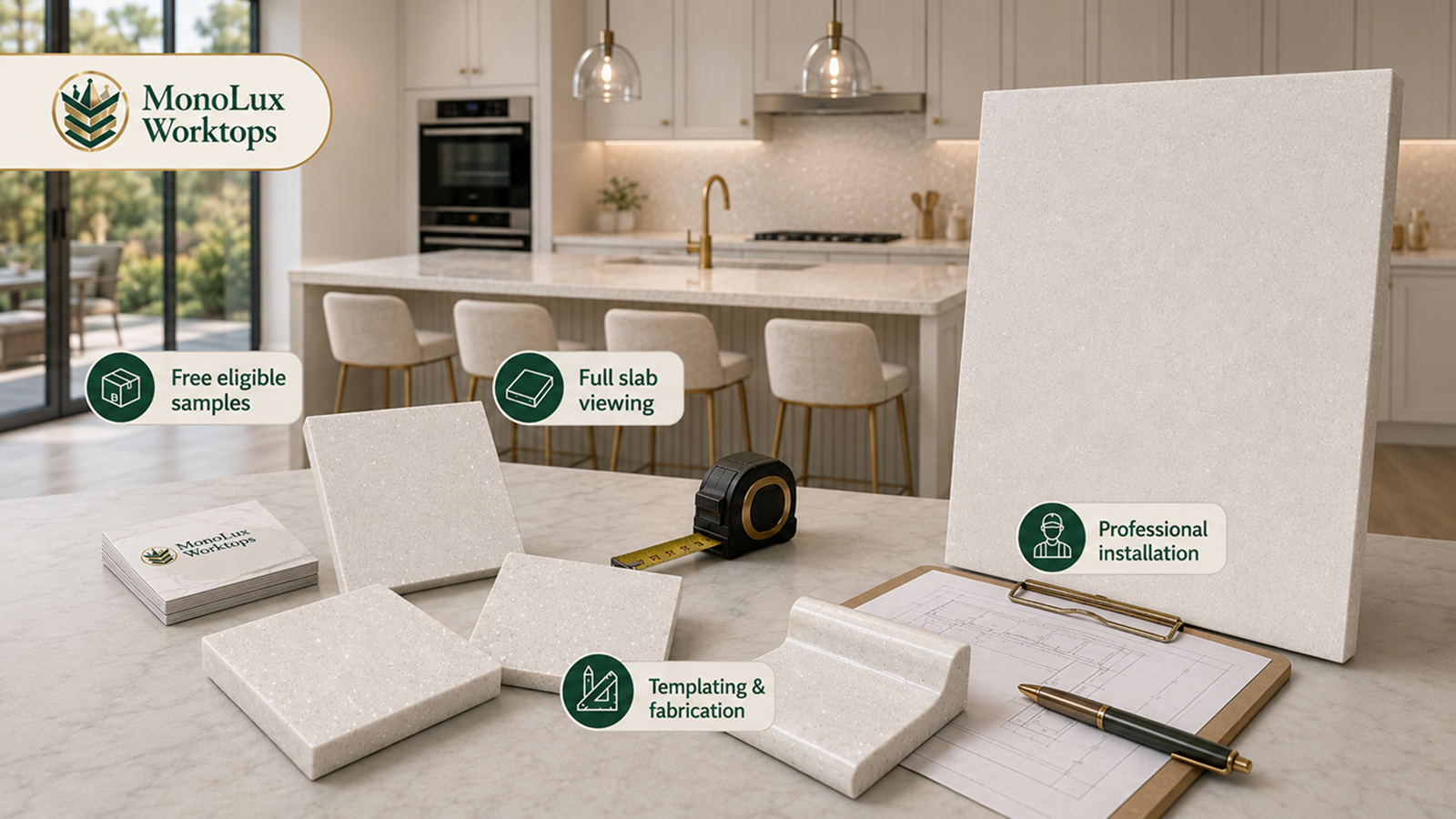 White sparkle quartz worktops with samples, full-slab viewing and fitting tools for a white sparkle worktop installation.