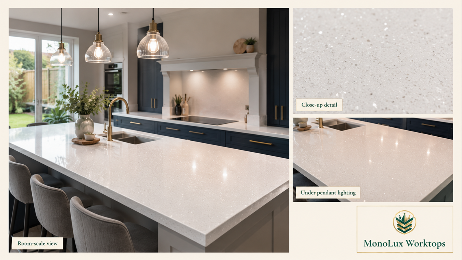 White sparkle quartz worktops shown at room scale, close up and under pendant lighting in a white quartz kitchen.