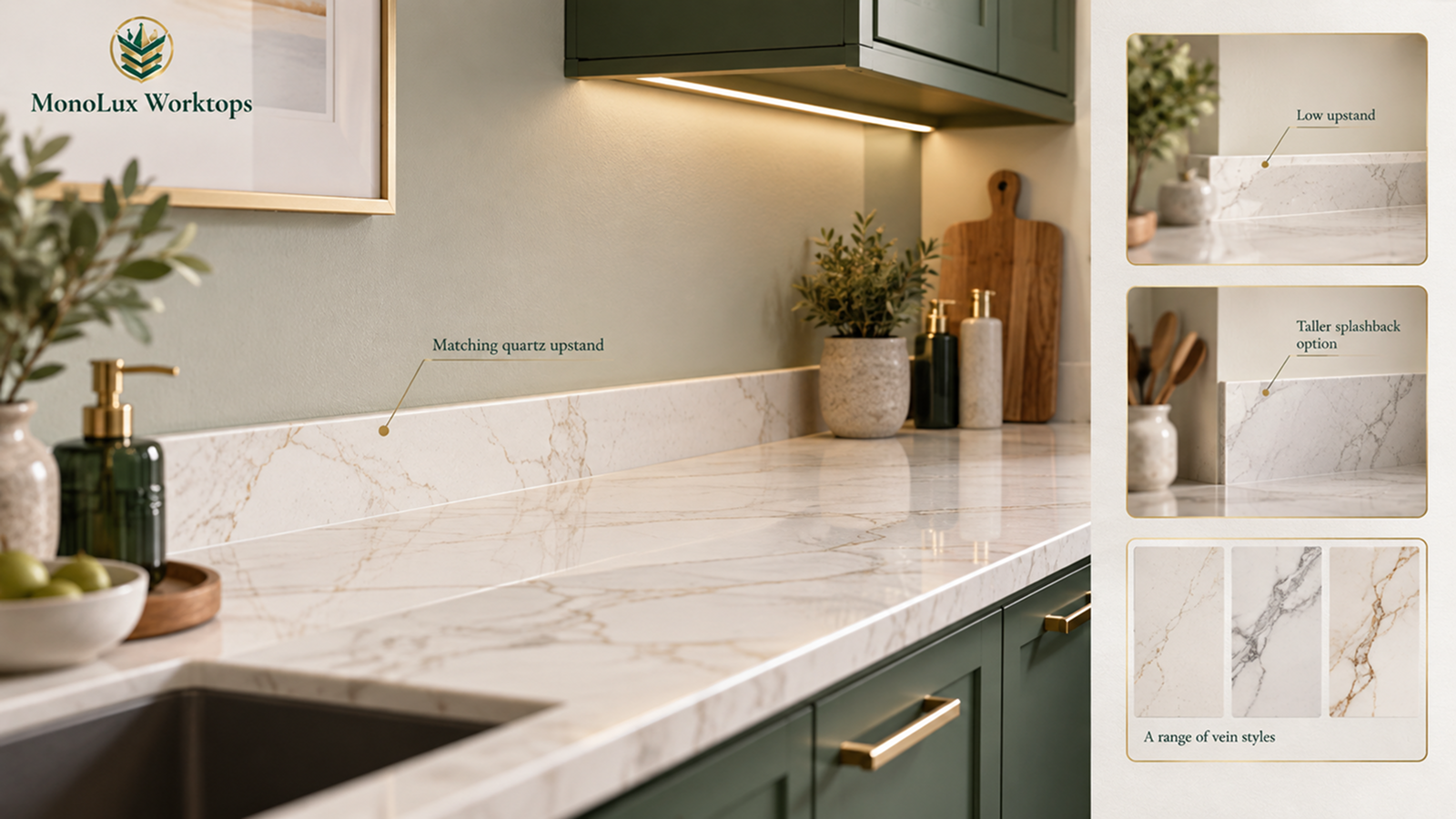 Feature graphic of kitchen upstand ideas with a matching quartz upstand, low upstand and taller splashback option beside vein samples.