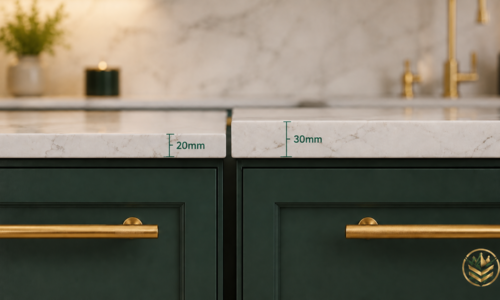 20mm vs 30mm quartz worktop edge comparison with MonoLux logo
