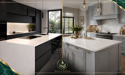 Best white quartz worktops compared in a white quartz modern kitchen and a white quartz traditional kitchen with MonoLux branding.