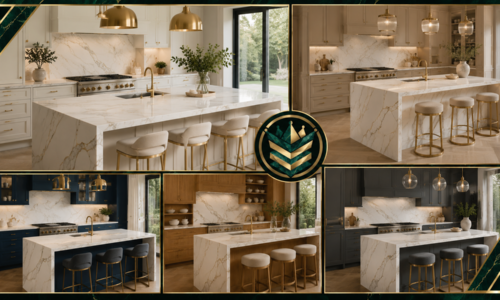 Calacatta quartz kitchen ideas showing white, navy, oak and charcoal cabinets with gold-veined quartz worktops and kitchen islands.