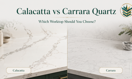 Calacatta vs Carrara quartz worktops compared with bold Calacatta veining and softer Carrara-style quartz.