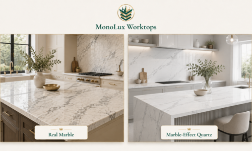 Marble-effect quartz vs real marble comparison image showing a real marble kitchen beside a quartz marble-looking kitchen island.