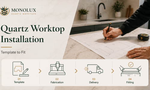 Quartz worktop installation process from templating and fabrication to delivery and fitting.