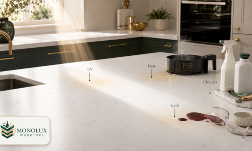Does white quartz stain or does white quartz turn yellow? Kitchen worktop showing UV, heat, cleaners and spills.