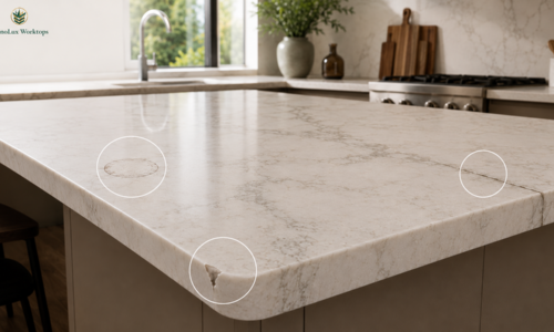 Kitchen island highlighting quartz worktop stains for do quartz worktops stain scratch or crack, with chips and cracking shown.
