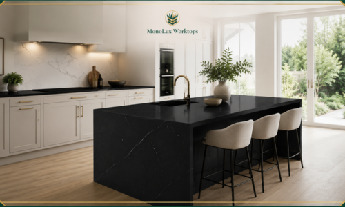 How to style a kitchen with black worktops in a bright, pale-cabinet scheme.