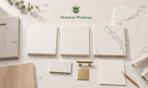 Quartz worktop samples arranged with cabinet, flooring and full-slab references to compare quartz finishes and colour at home