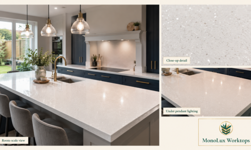 White sparkle quartz worktops shown at room scale, close up and under pendant lighting in a white quartz kitchen.